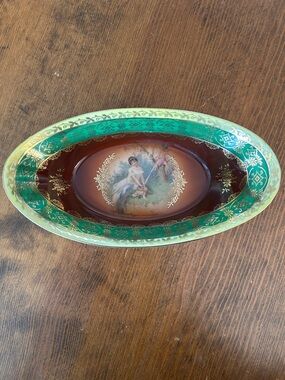 Vintage Cico 1950s Small Hand Painted Dish Green & Brown Gold Accents Bavaria